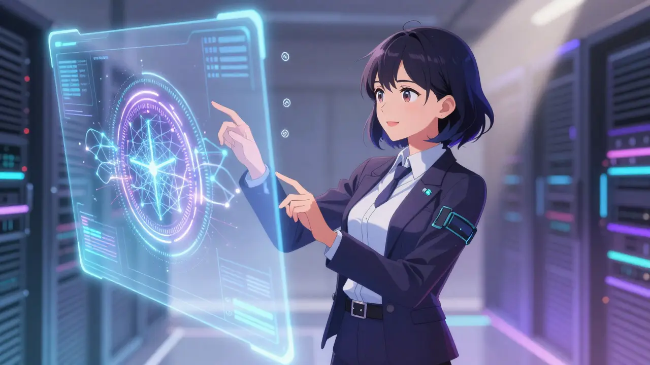Anime woman interacting with AI holographic interface
