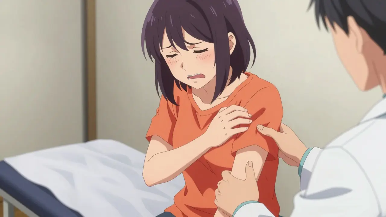 Anime woman trembling with shaking hands during exam
