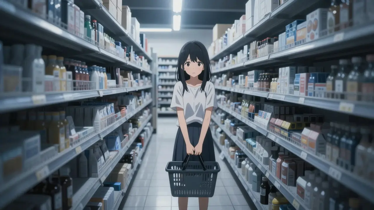 Anxious girl feeling trapped in empty supermarket aisle
