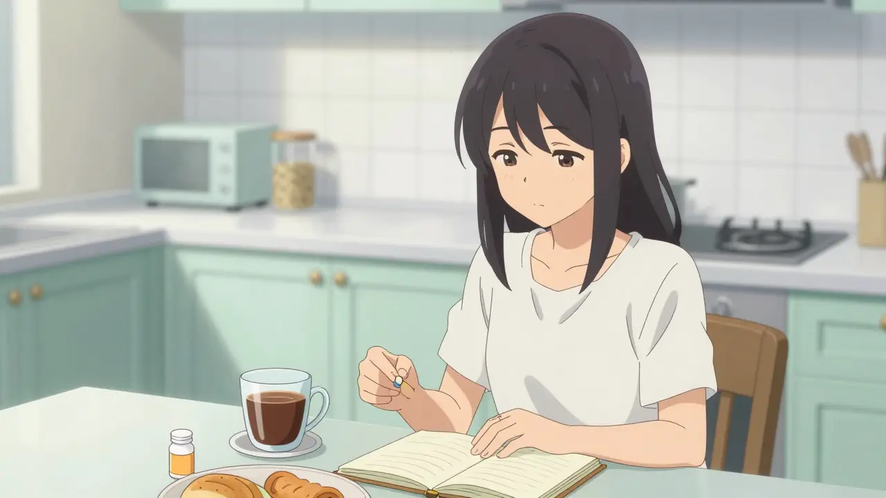 Calm anime woman eating breakfast with L-theanine and half-caf coffee