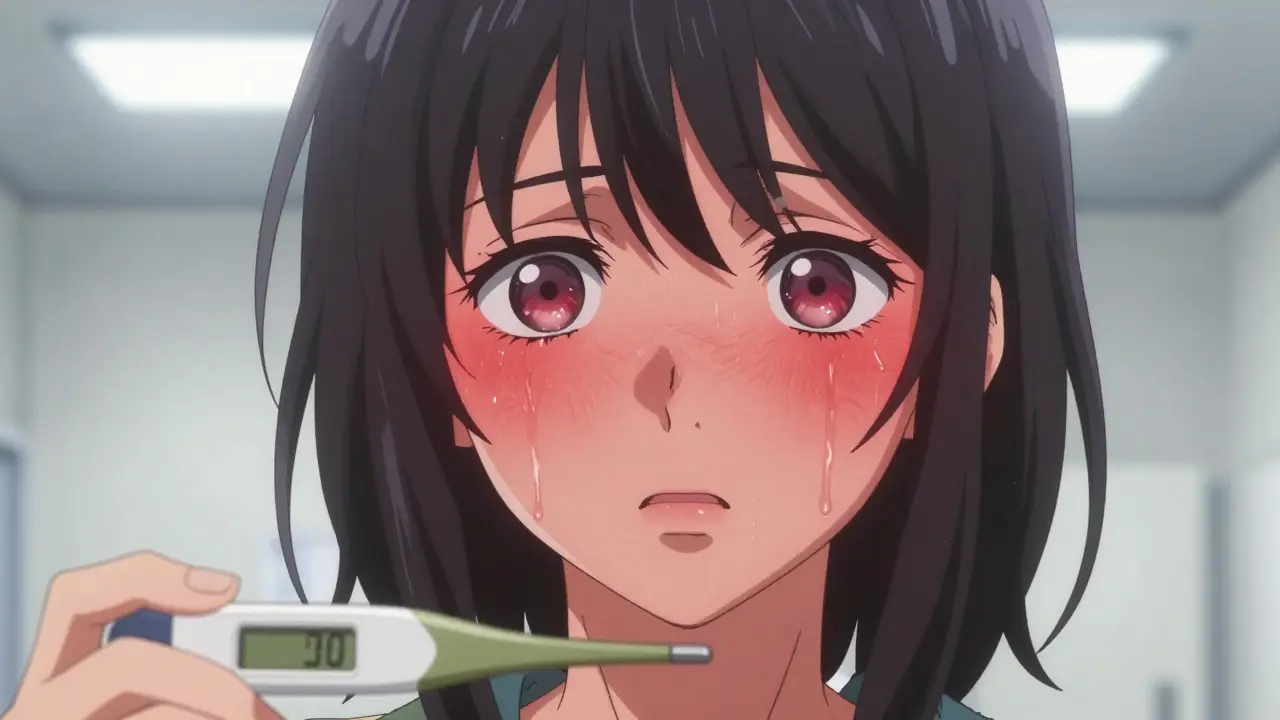 Close-up of anime girl with dilated pupils and fever