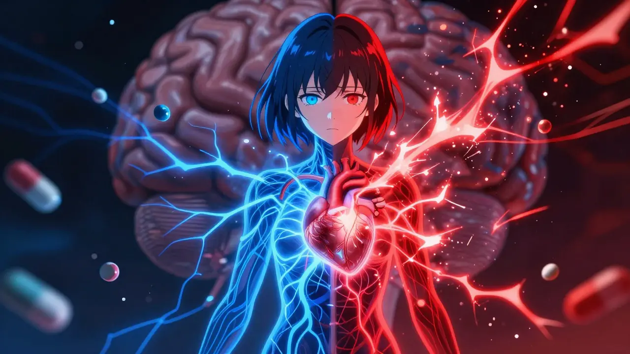 Conceptual anime art of brain chemistry and heart strain from stimulants