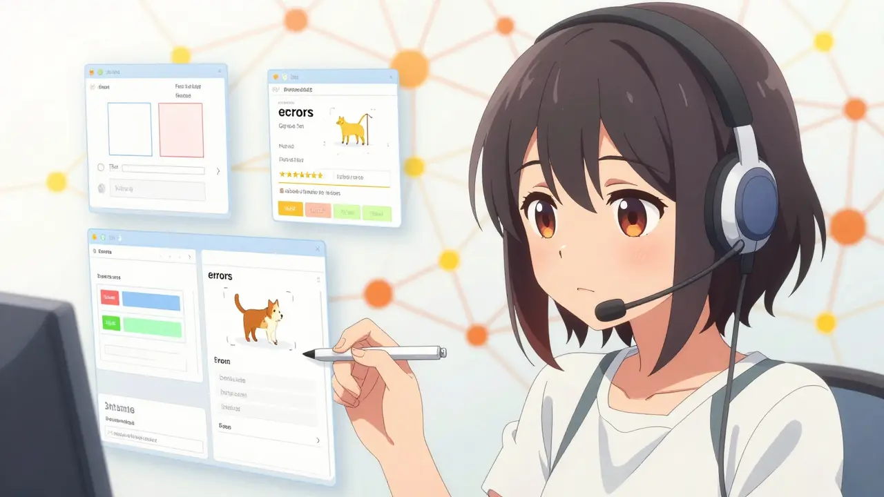Cute anime annotator correcting bounding box and classification errors on screens