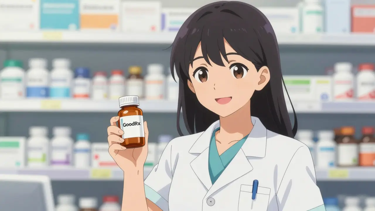 Friendly pharmacist holding prescription and discount card