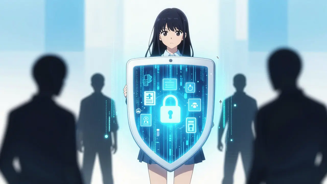 Glowing shield protecting medicine from scam shadows