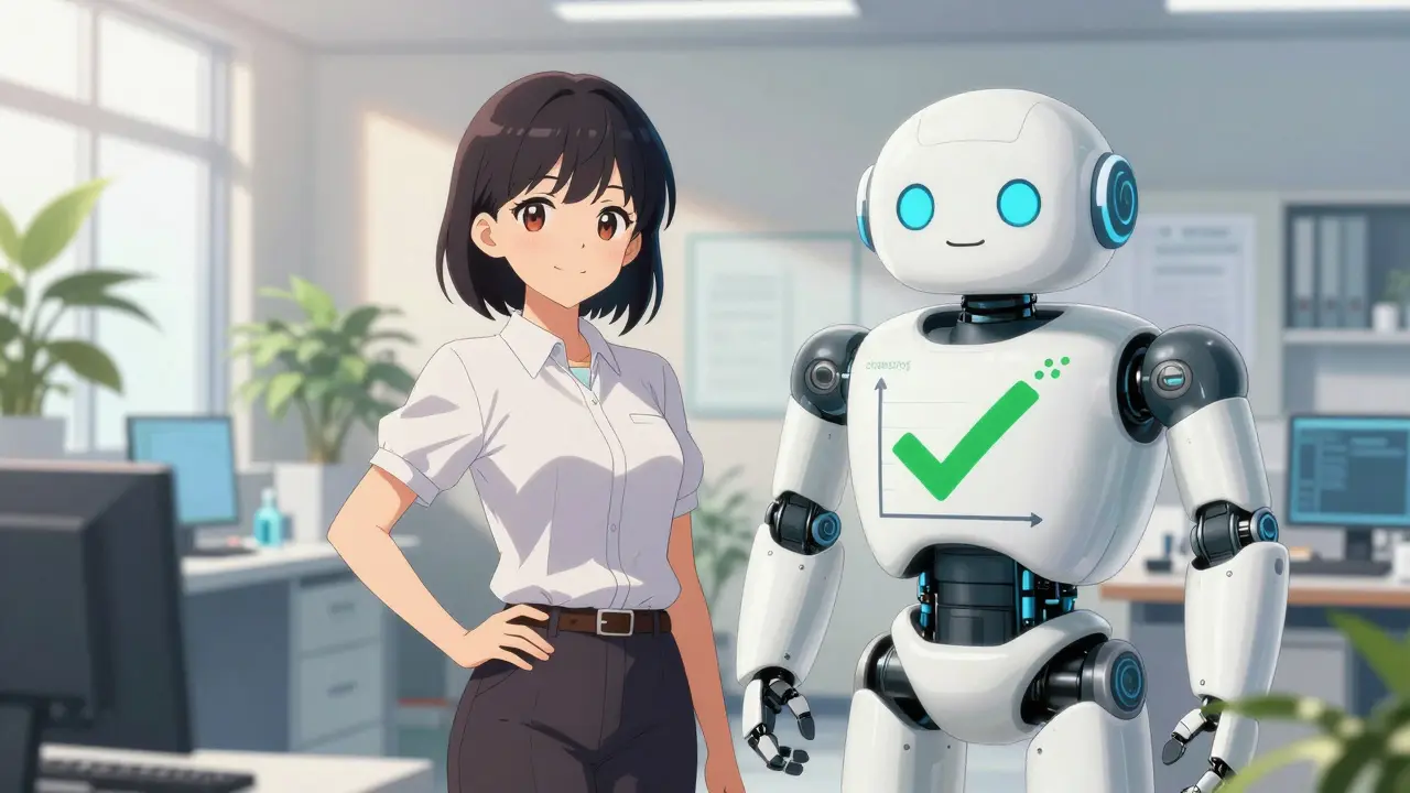 Happy anime engineer and robot showing improved AI accuracy after data cleaning