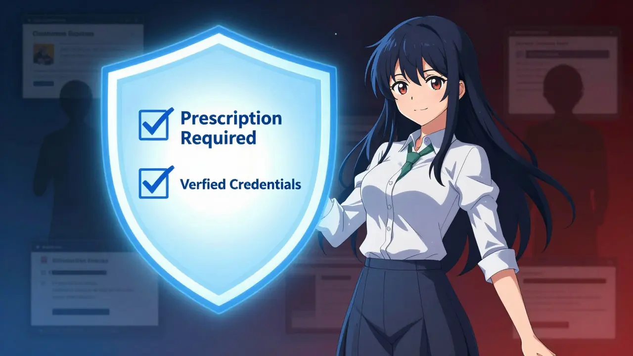 Illustration of safe online pharmacy verification and prescription requirements