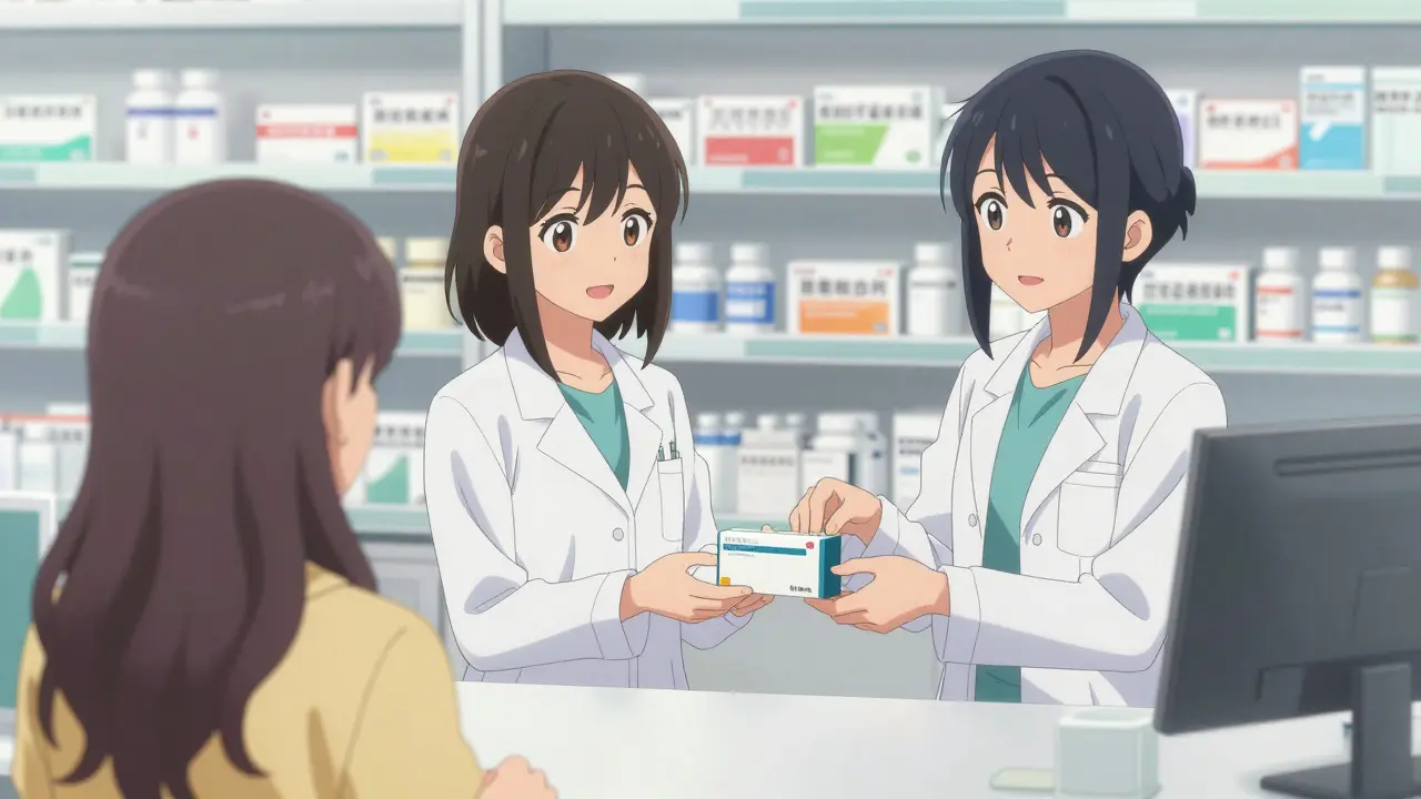 Pharmacist handing a medicine box to a customer at a pharmacy counter