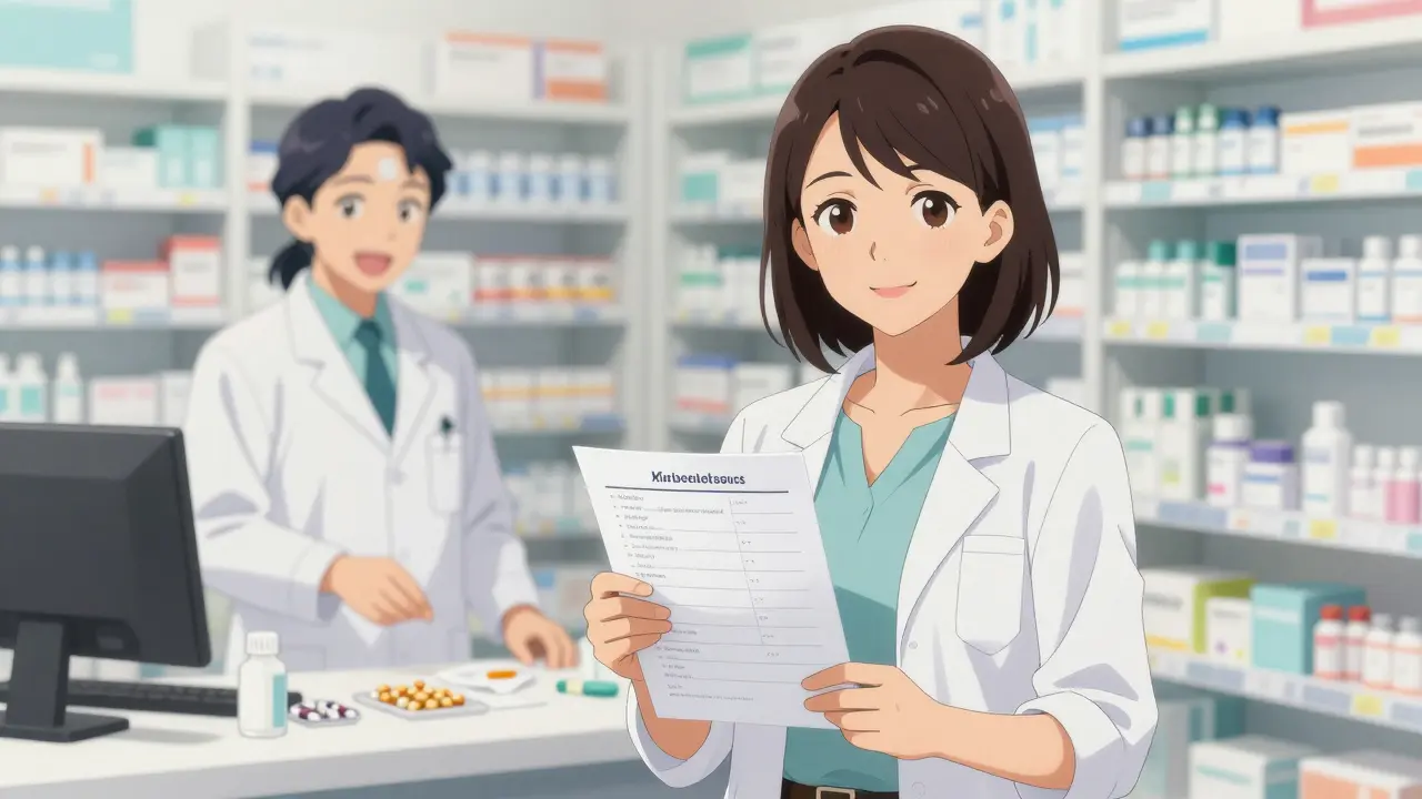 Woman consulting pharmacist about HRT patches vs pills
