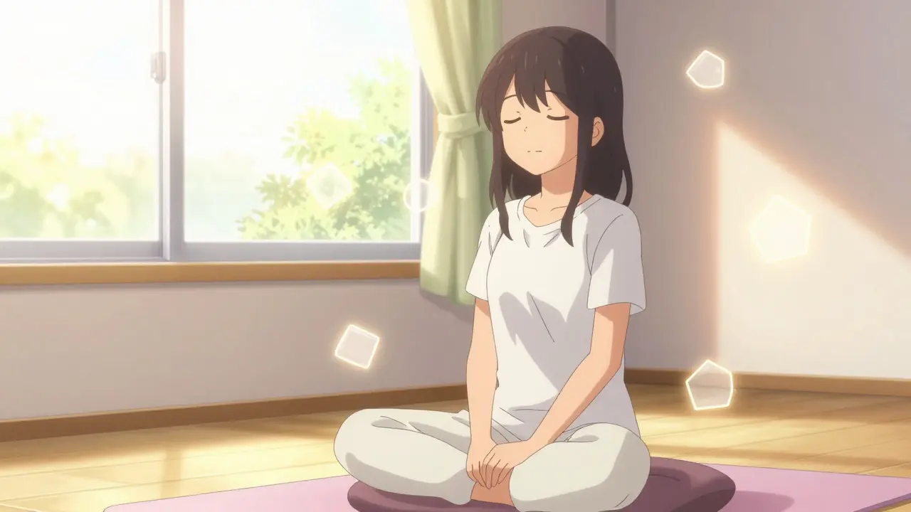 Woman finding peace and calm during breathing exercise