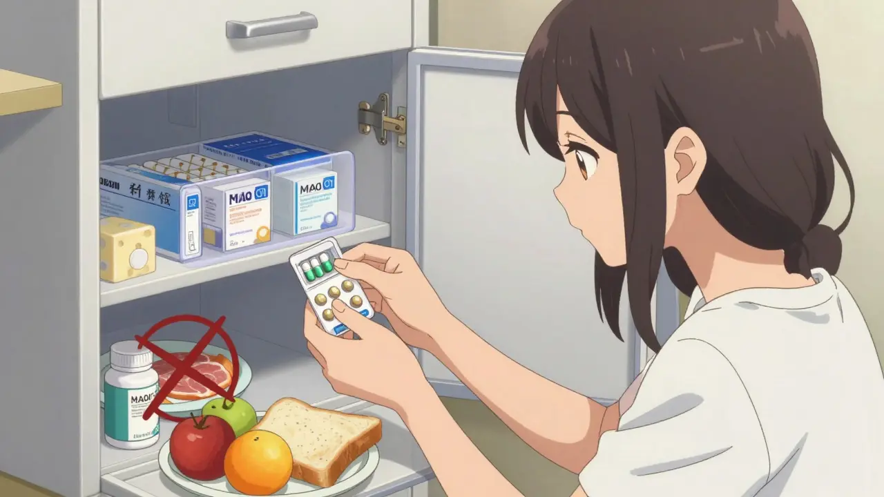Woman organizing meds and checking safe food options