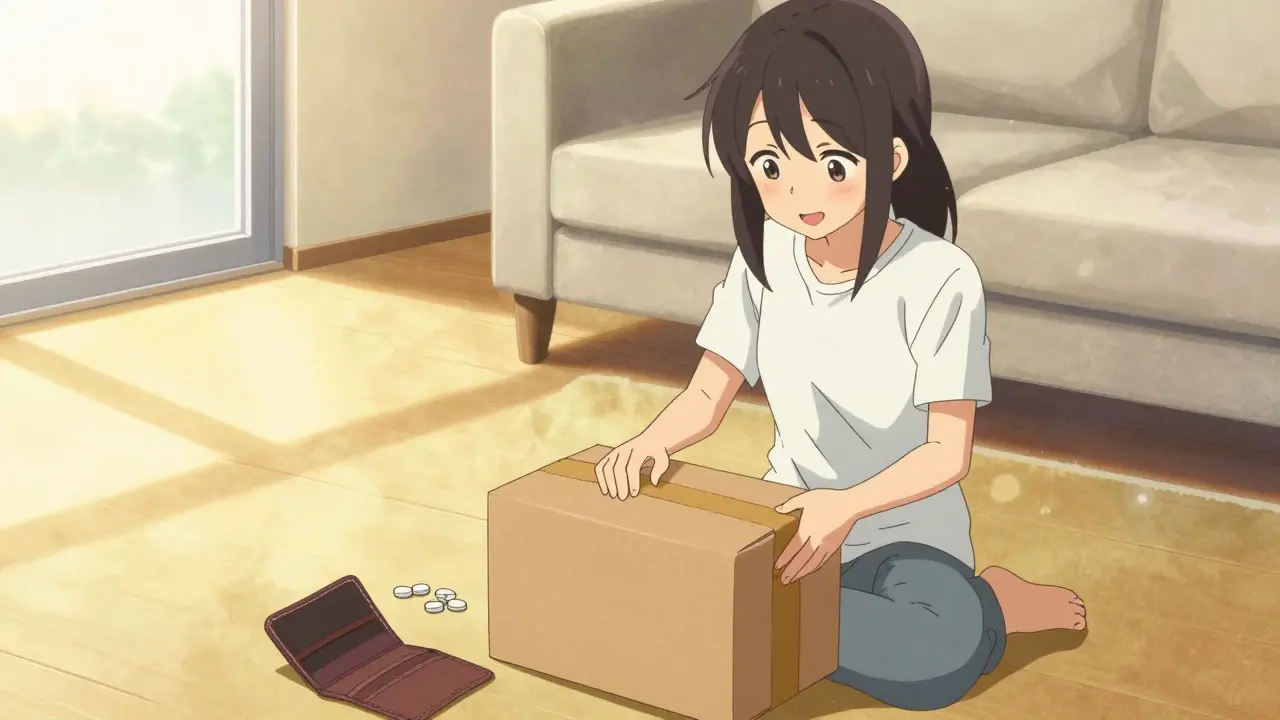 Woman unboxing discreet medicine package, saving money