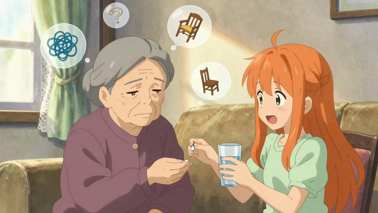 An anime-style granddaughter helping her confused grandmother choose safer sleep aids.