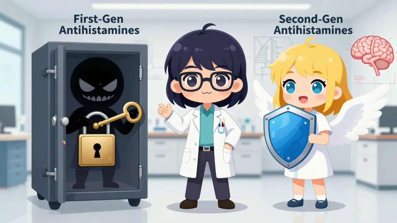 An anime-style scientist illustrating the difference between first and second-generation antihistamines.