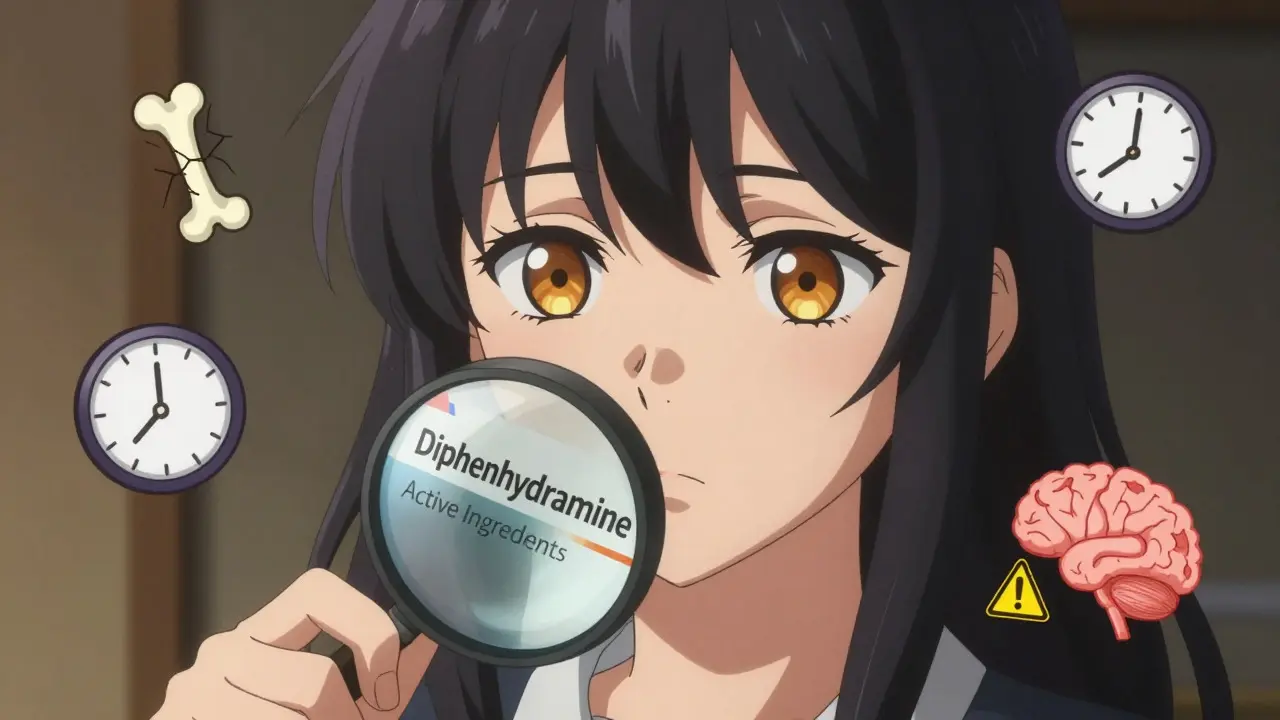 An anime-style woman examining a medication label for dangerous ingredients.