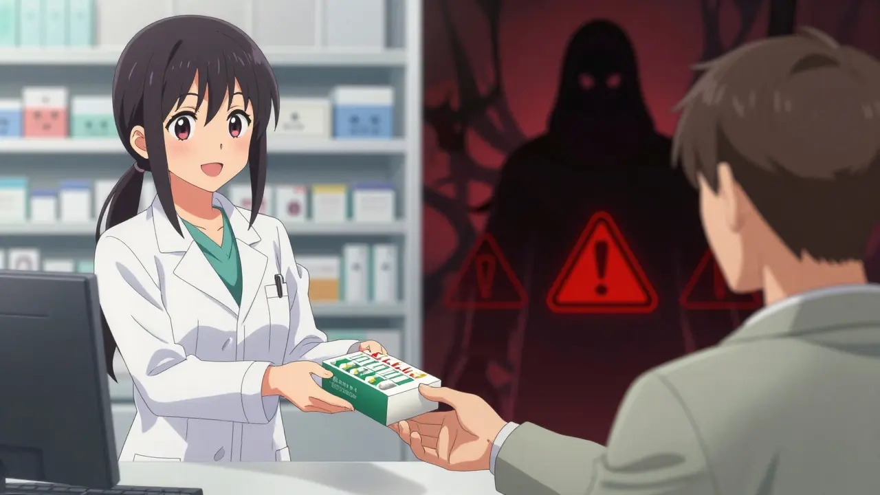 Anime comparison of safe pharmacy pickup versus dangerous online scams