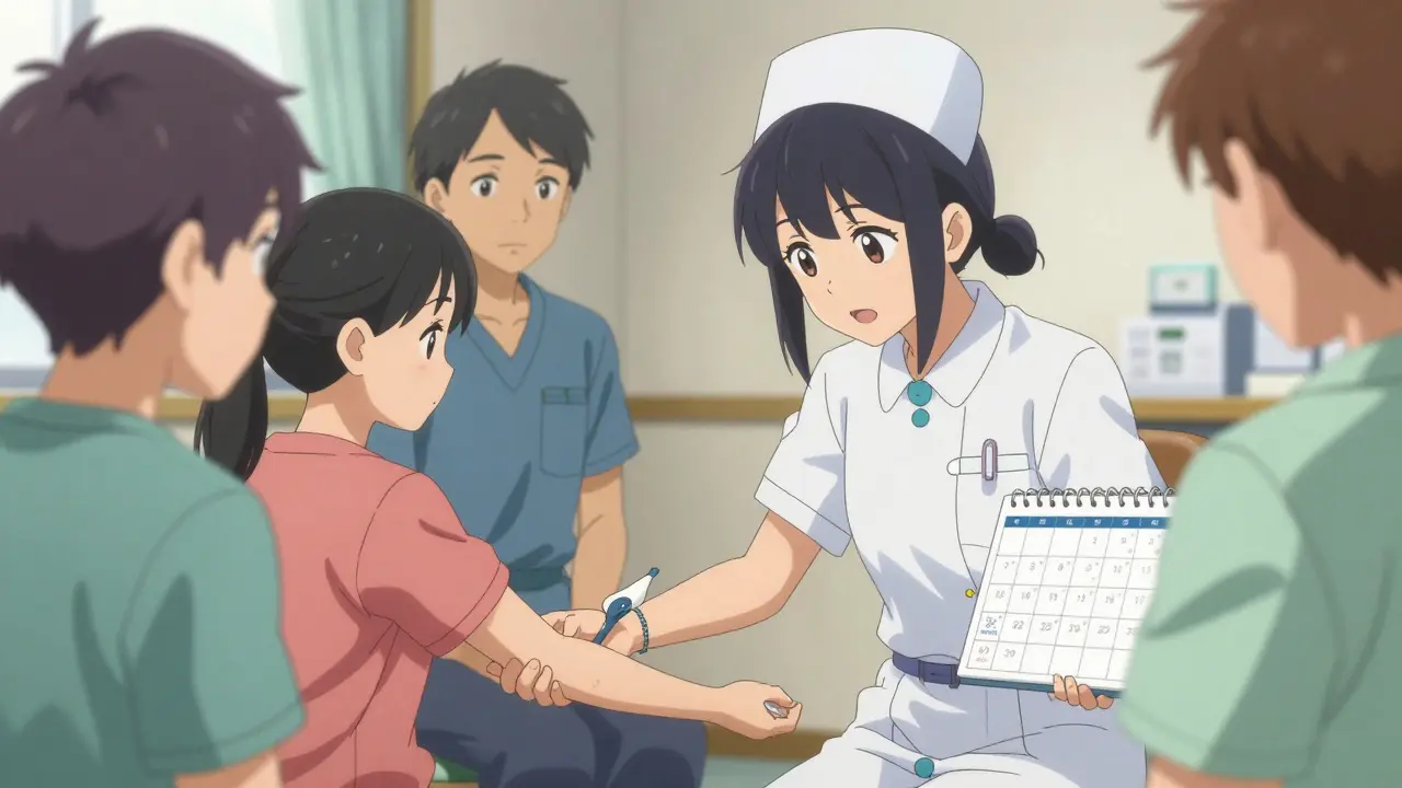 Anime nurse drawing blood, patients checking calendars for ANC monitoring