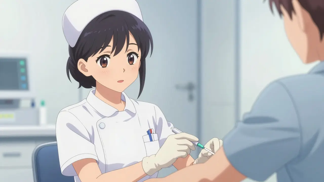 Anime nurse preparing for a blood draw in a clean, bright clinic.
