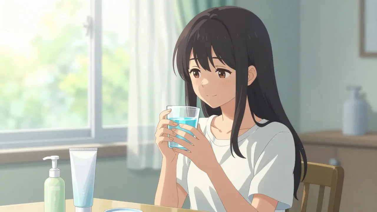 Anime woman enjoying calm skincare routine by window
