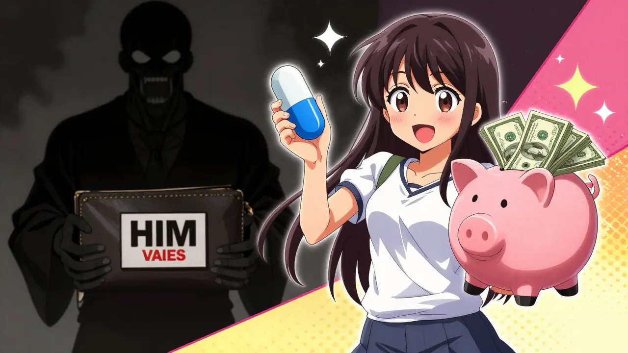 Cheerful woman saving money with generic pills