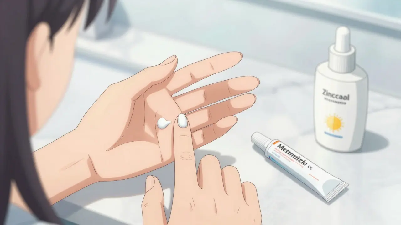 Close up of hands applying rosacea cream gently