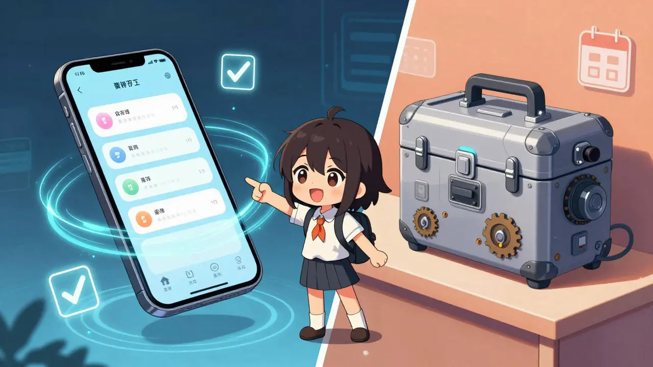 Comparison of smartphone app vs electronic medicine box in anime style.