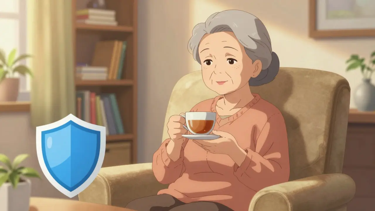 Elderly woman enjoying safe, protected daily life at home