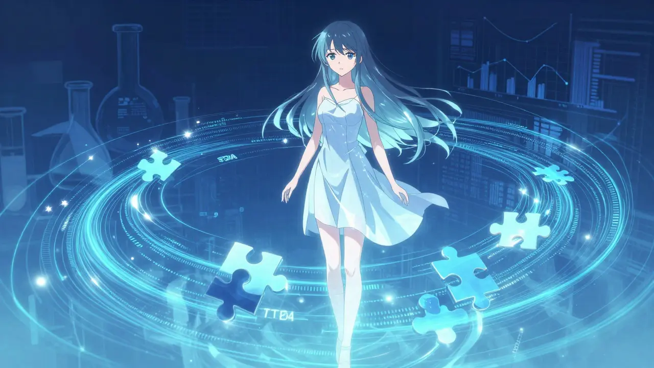 Ethereal figure surrounded by glowing data streams and puzzle pieces