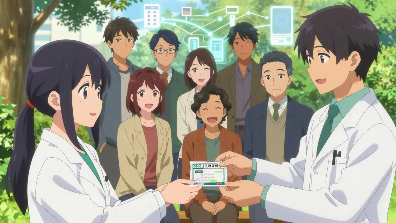 Happy anime patients receiving meds, representing better access to clozapine
