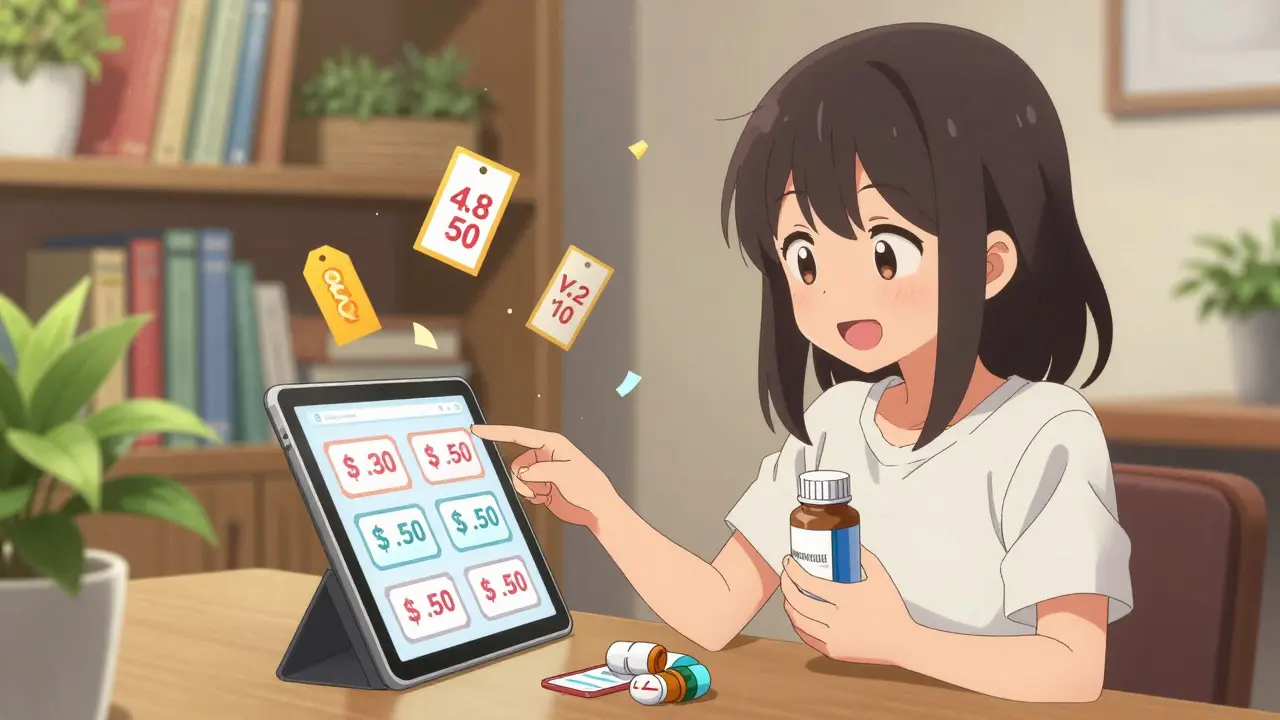 Happy anime woman comparing online medicine prices on tablet