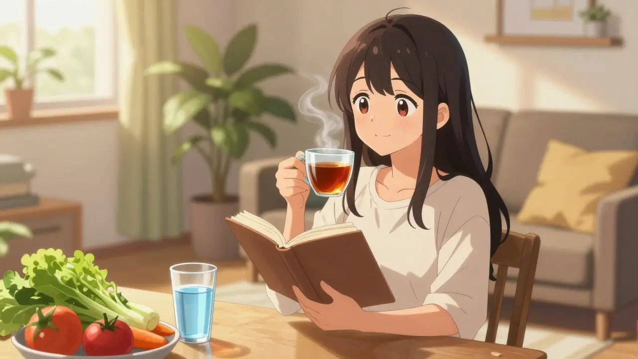 Happy anime woman drinking black tea and reading in a sunny room.