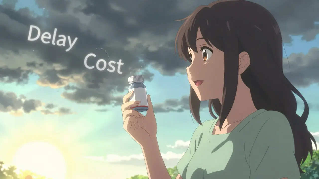 Happy anime woman holding generic pill bottle against sunny sky