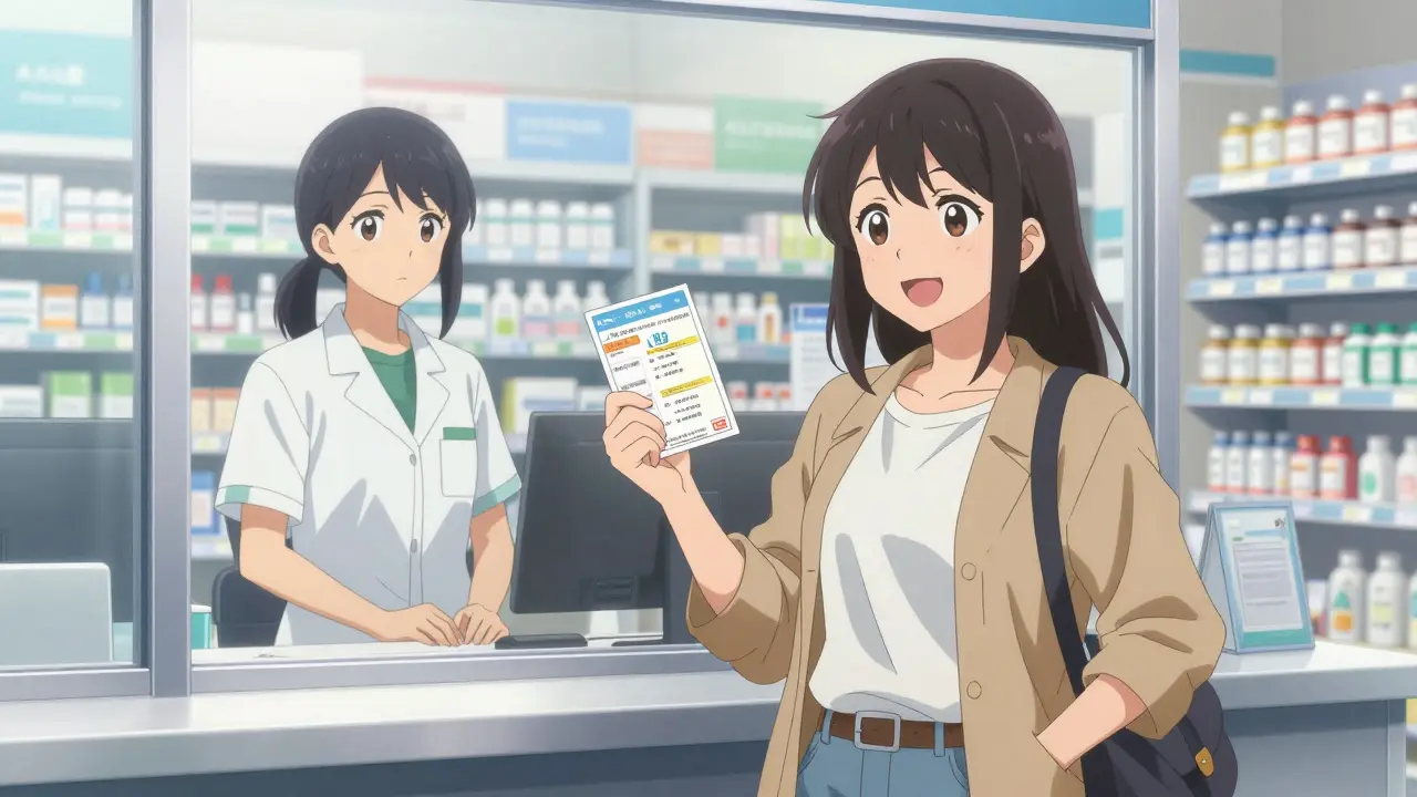 Happy anime woman using discount coupon at local pharmacy counter