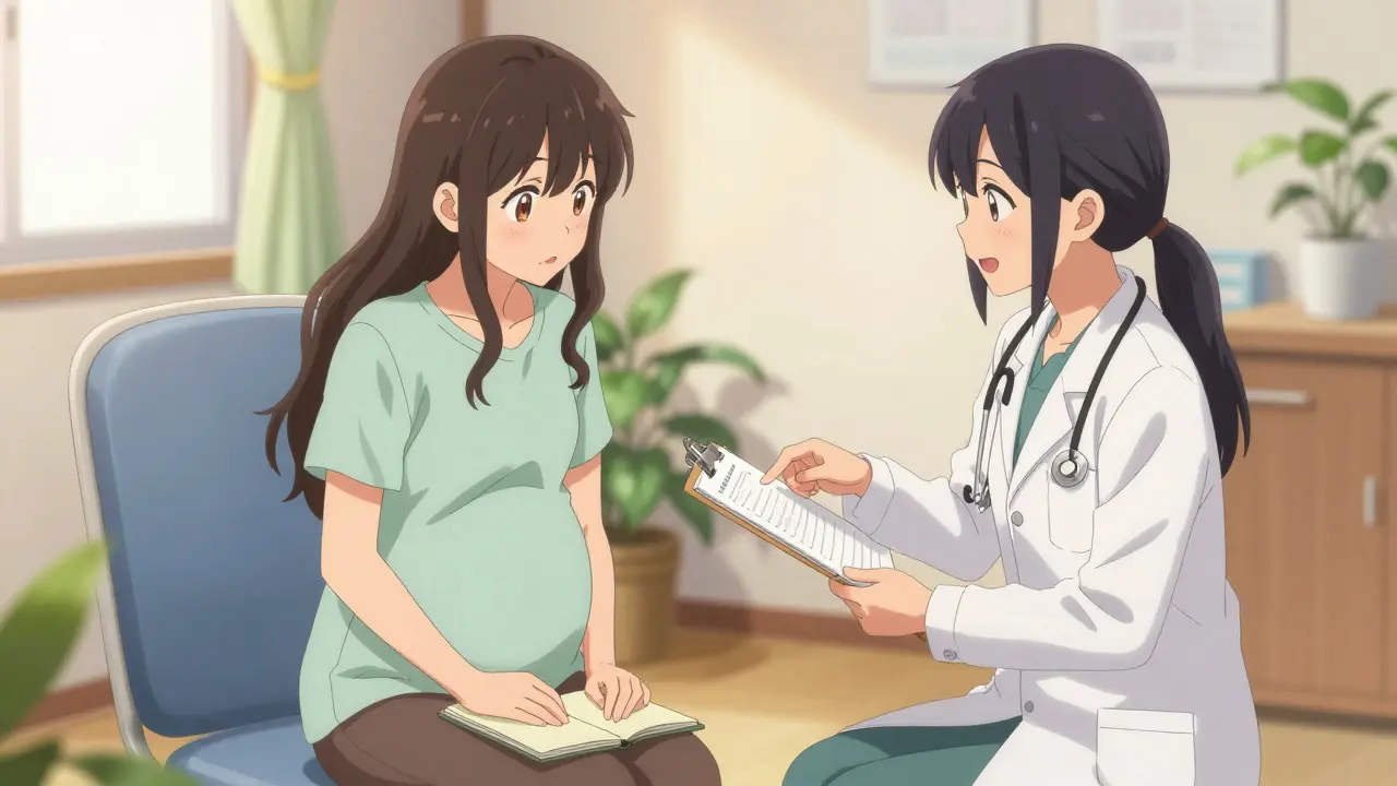 Kind anime doctor discussing medication with a pregnant patient