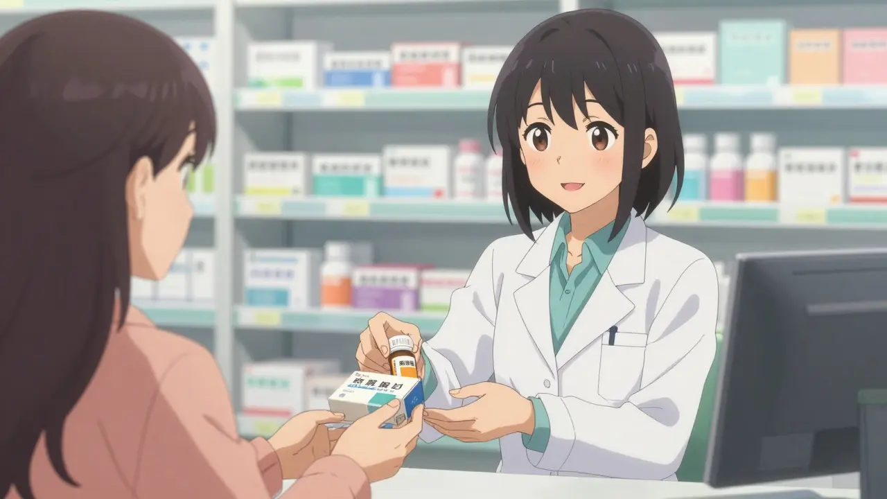 Pharmacist handing medication box to customer at pharmacy counter