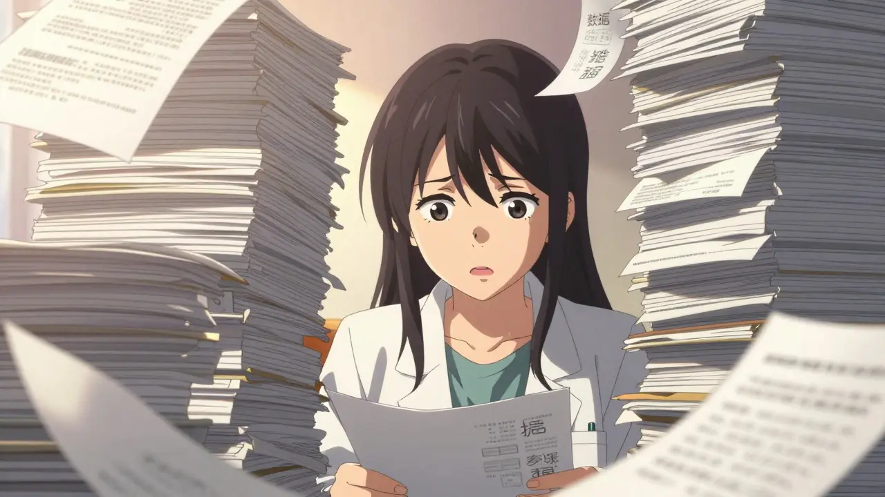 Stressed anime scientist overwhelmed by huge stack of documents