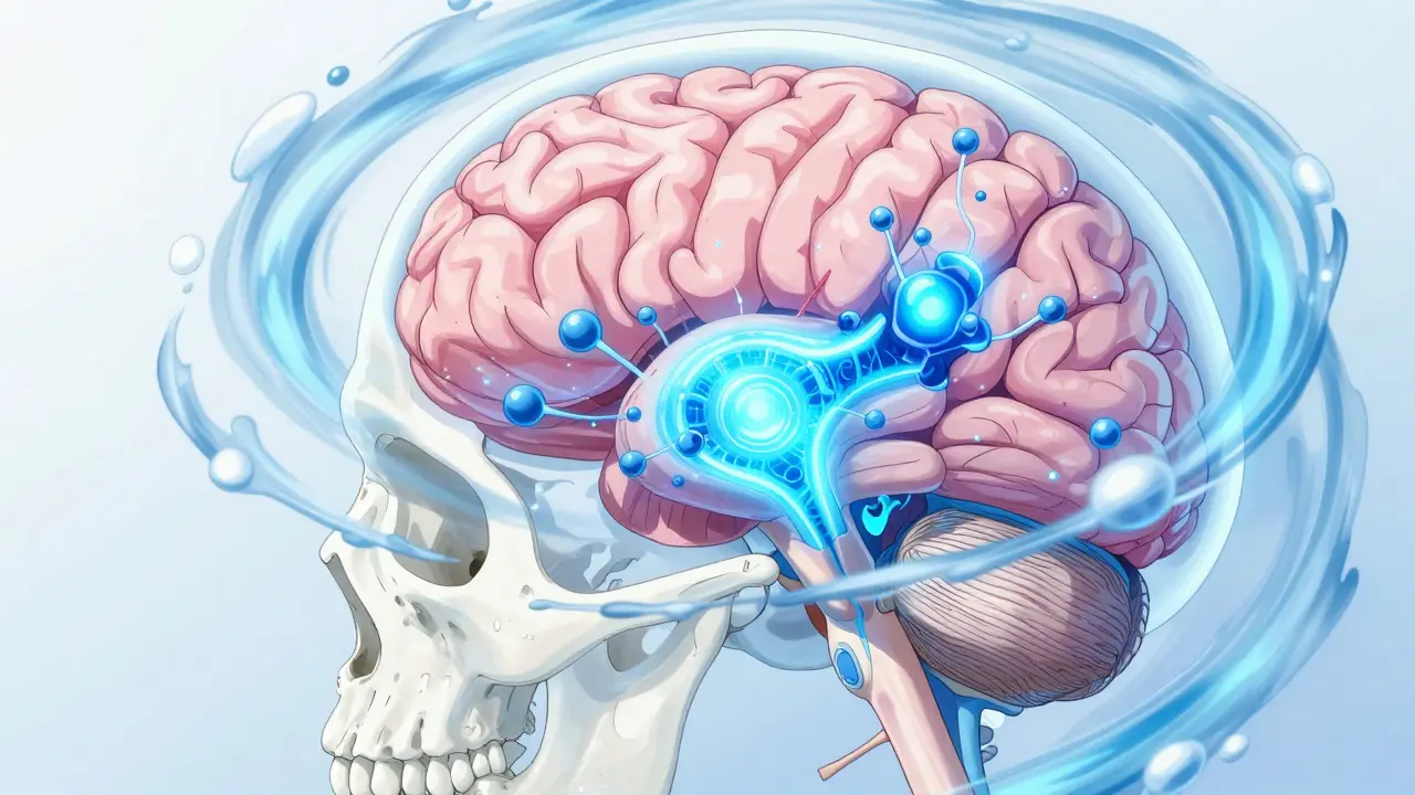 Stylized anime brain showing increased fluid pressure from drug interaction