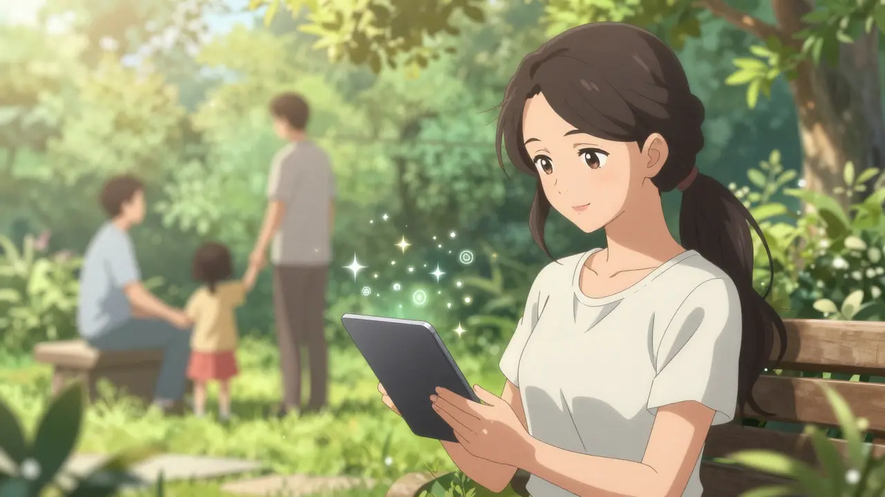 Woman reviewing health logs in a garden with family support nearby.