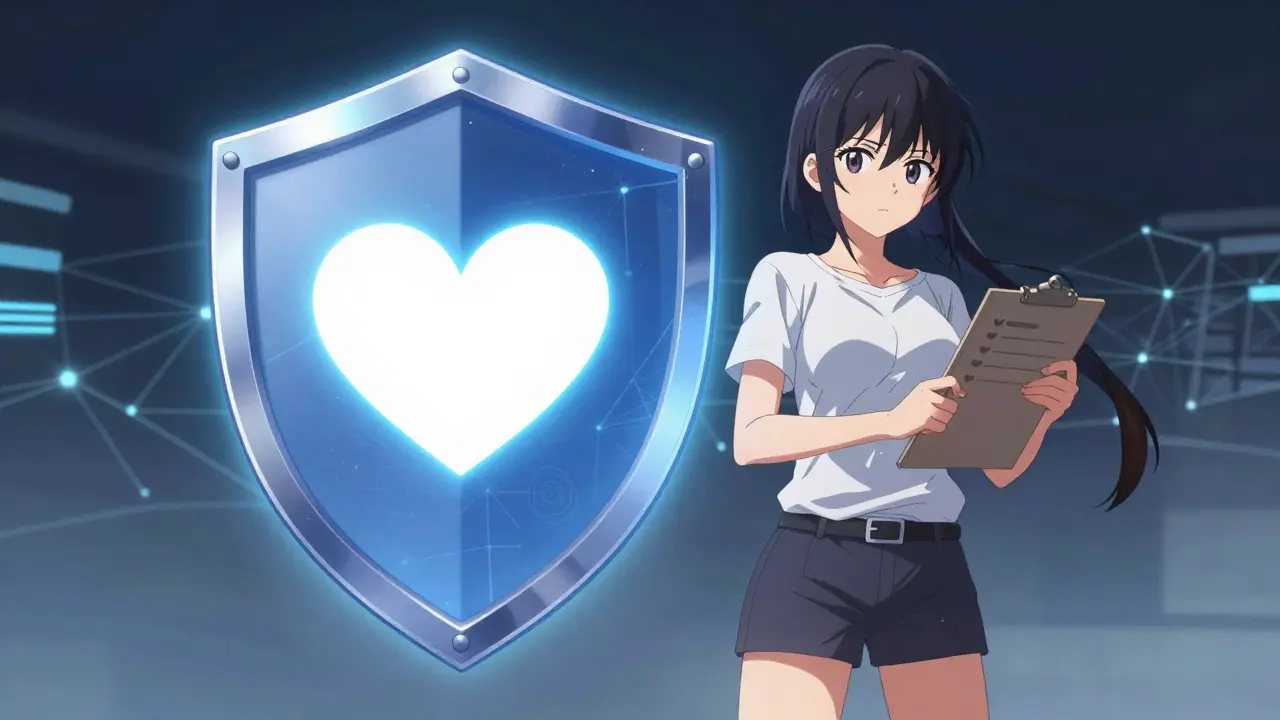 Woman standing by glowing shield protecting heart from digital risks