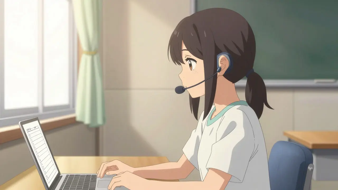 Anime girl using hearing aid tech in quiet room