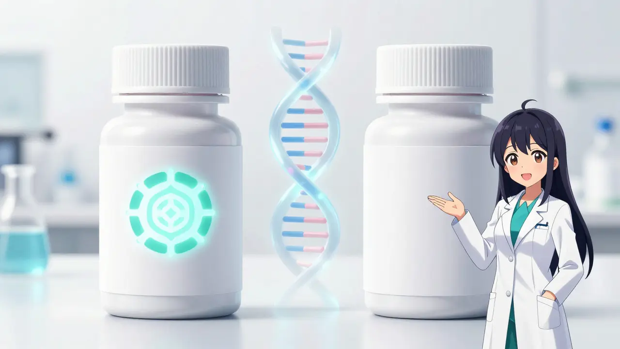 Anime pharmacist explaining identical ingredients in brand vs generic pills