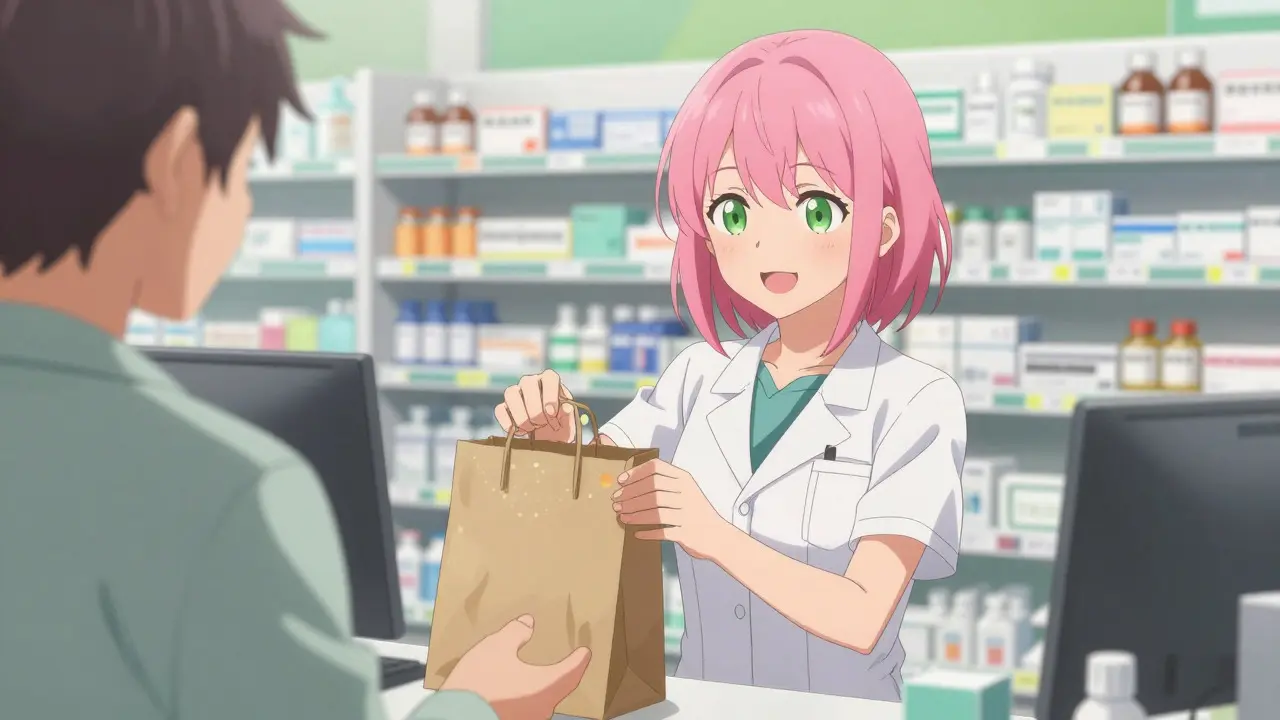 Anime pharmacist handing a medicine bag to a customer
