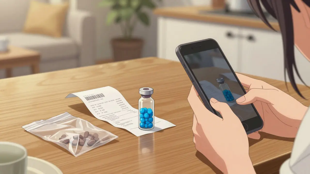 Anime style hands photographing pills and receipts on a table