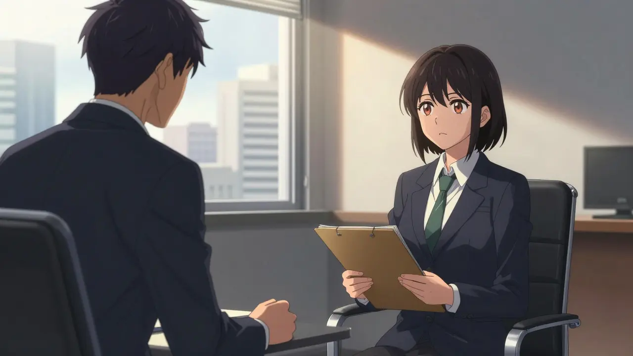 Anime style woman consulting with a lawyer in an office