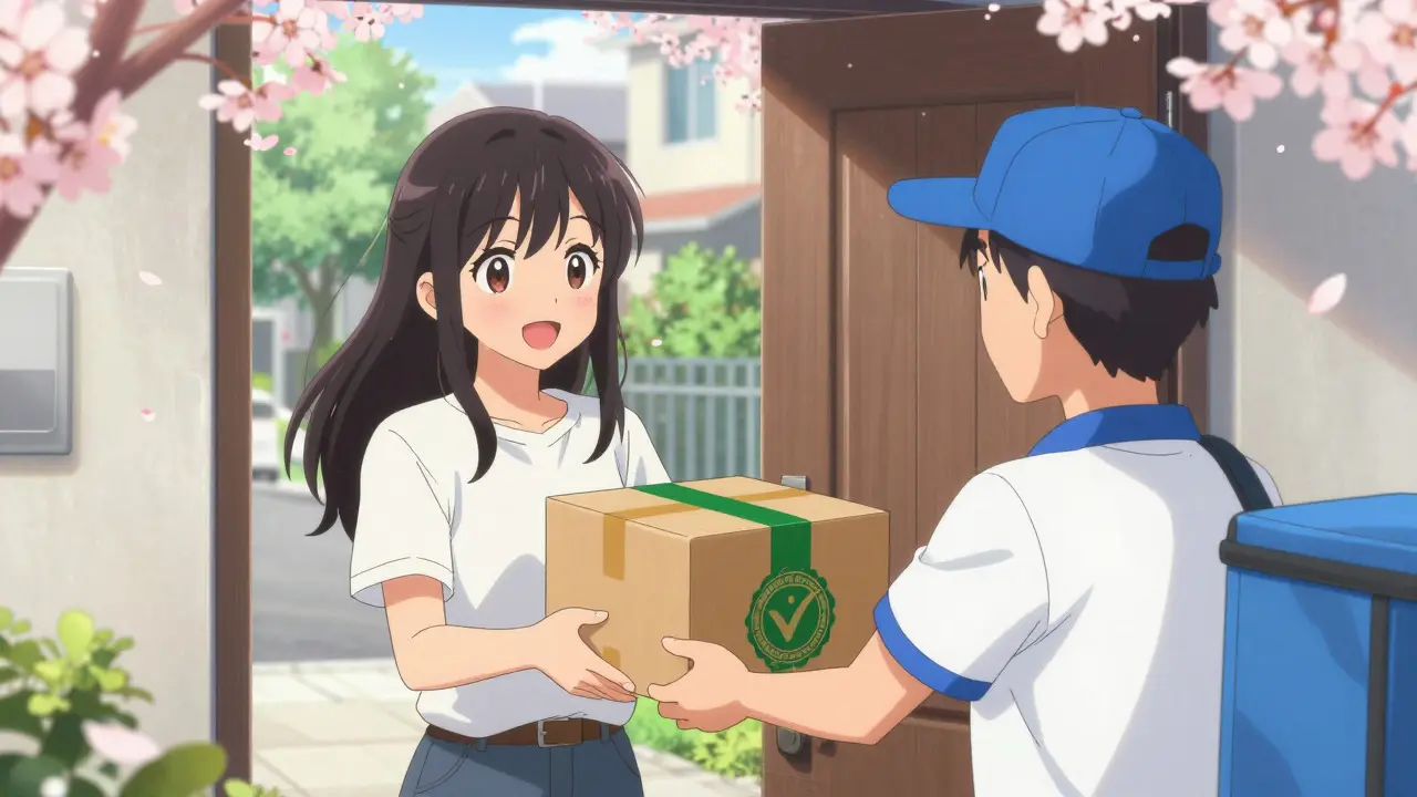 Anime style woman receiving a verified medication package at her front door