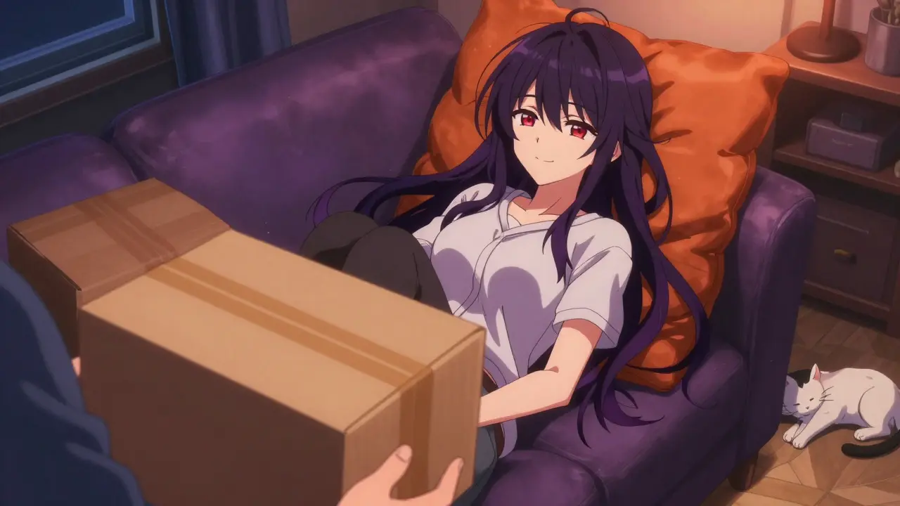 Anime woman receiving a discreet package on her sofa