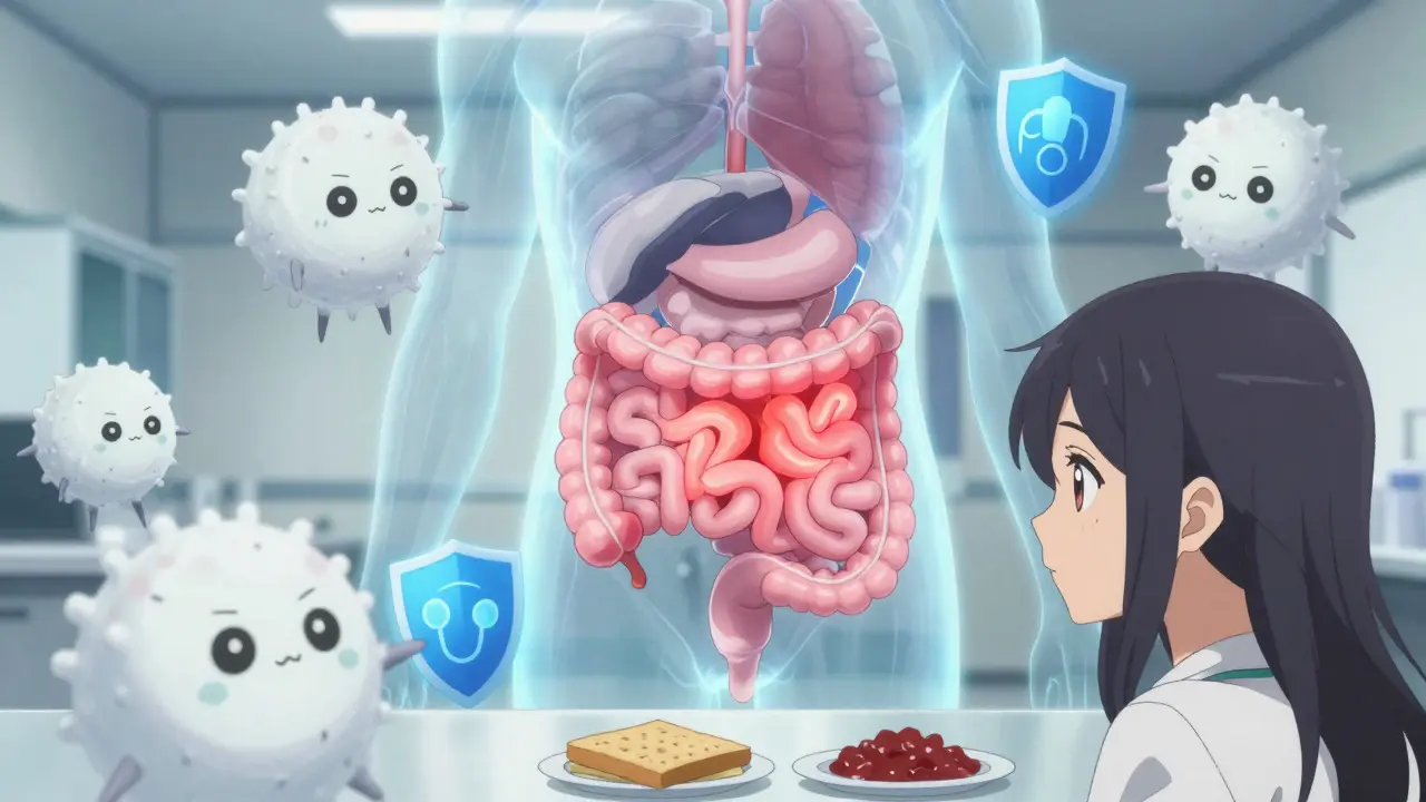 Conceptual anime art showing gut inflammation and diet remedies