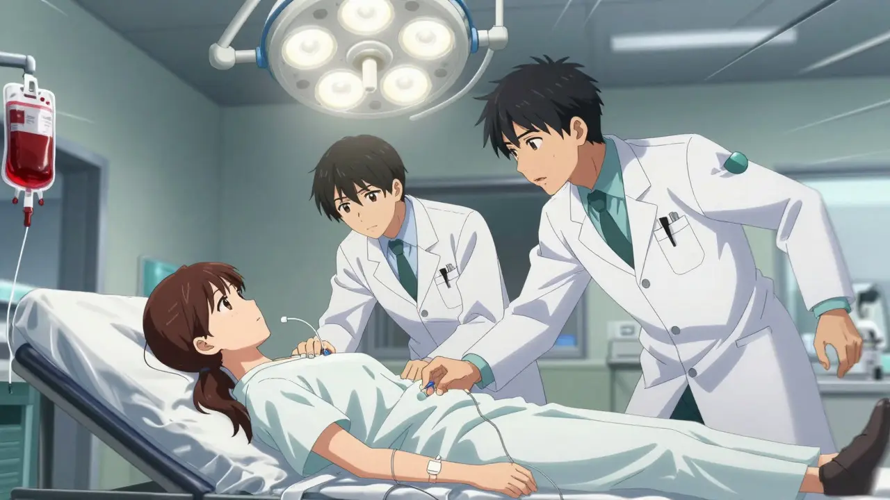 Doctors rushing to treat a female patient in an urgent ER setting, anime style