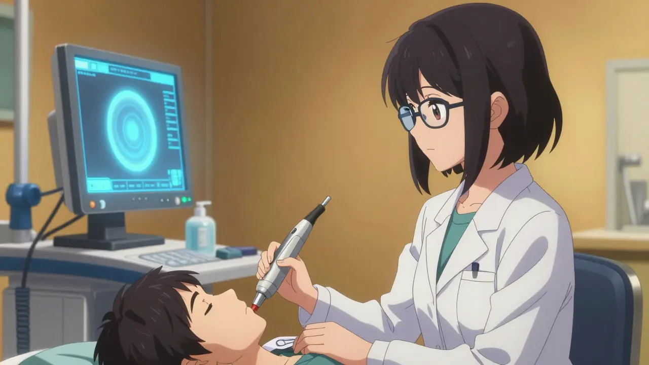Female doctor performing endoscopy procedure with focused expression, anime style