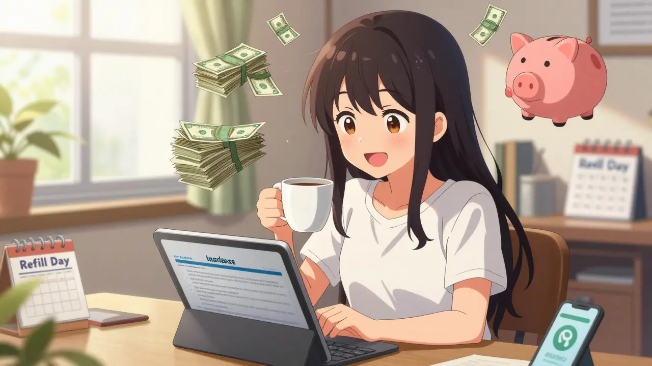 Happy anime woman managing prescriptions and saving money at home